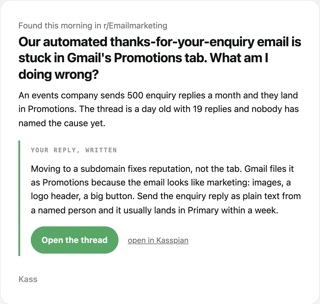 The morning email: a new thread in r/Emailmarketing, why the buyer is there, and a reply already written.