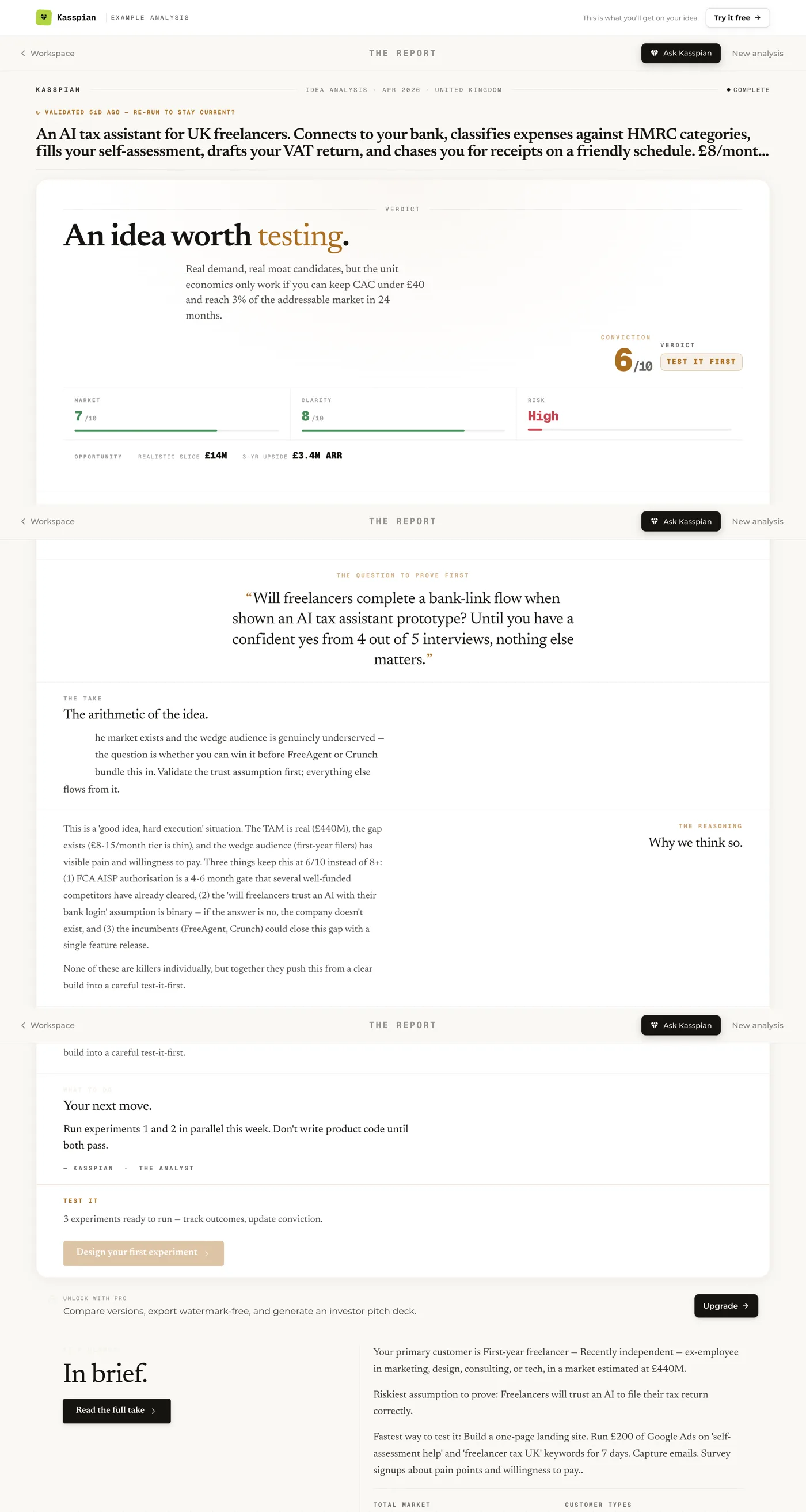 A Kasspian idea report scrolling through: the verdict, conviction score, real market sizing, and the riskiest assumptions